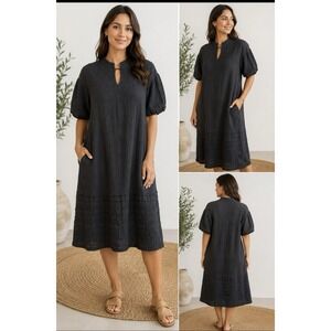 Second Female Mallorca Midi Dress XS Black Textured Cotton Puff Sleeves Pockets